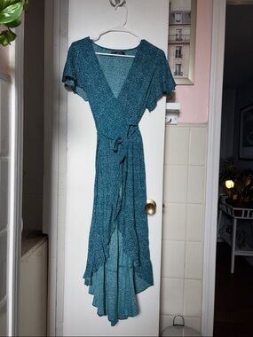 Flutter Sleeve Teal High-Low Wrap Dress with Tie Waist